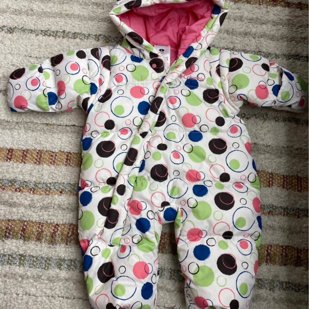 Columbia Kids Puffer Jacket - White with Pink, Green, and Blue Dots